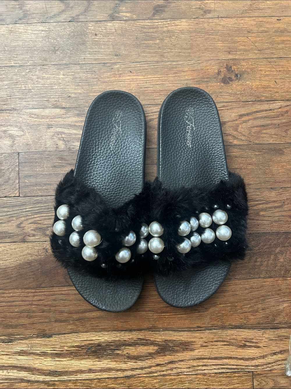 Loeffler Randall Black Faux Fur Pearl Slide Sandals